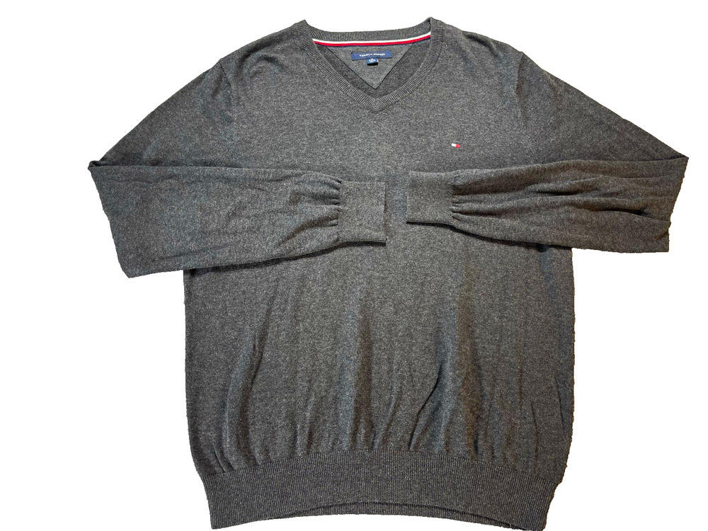 Tommy Hilfiger Mens XL Gray V Neck Knit Sweater Cotton Logo Pullover Long Sleeve